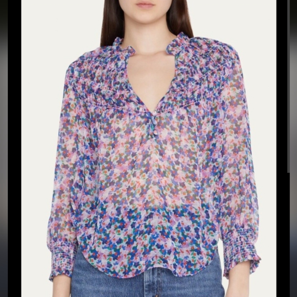 Veronica Beard Martie 100% Silk Smocked Floral Georgette Top